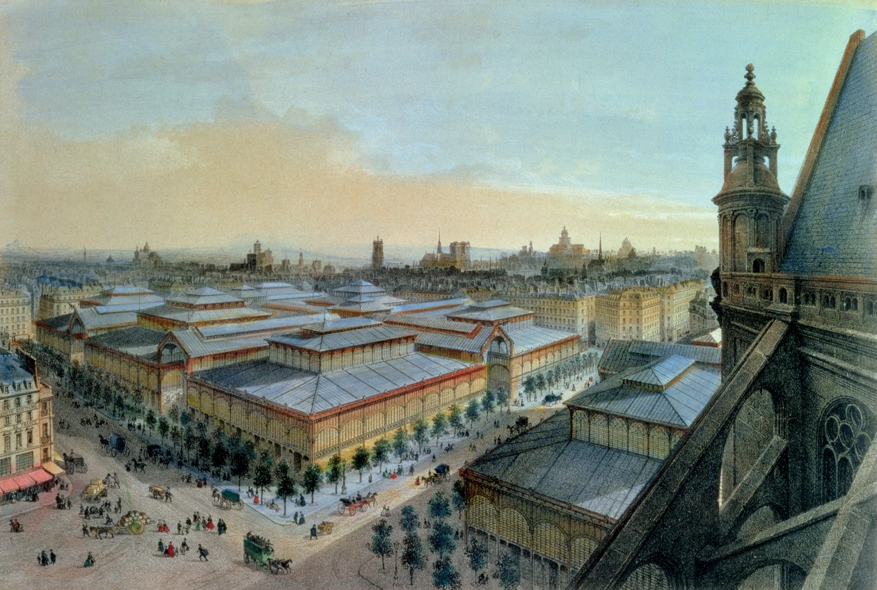 Udsigt over Les Halles i Paris taget fra Saint Eustache øvre galleri, ca. 1870-80 af Felix Benoist