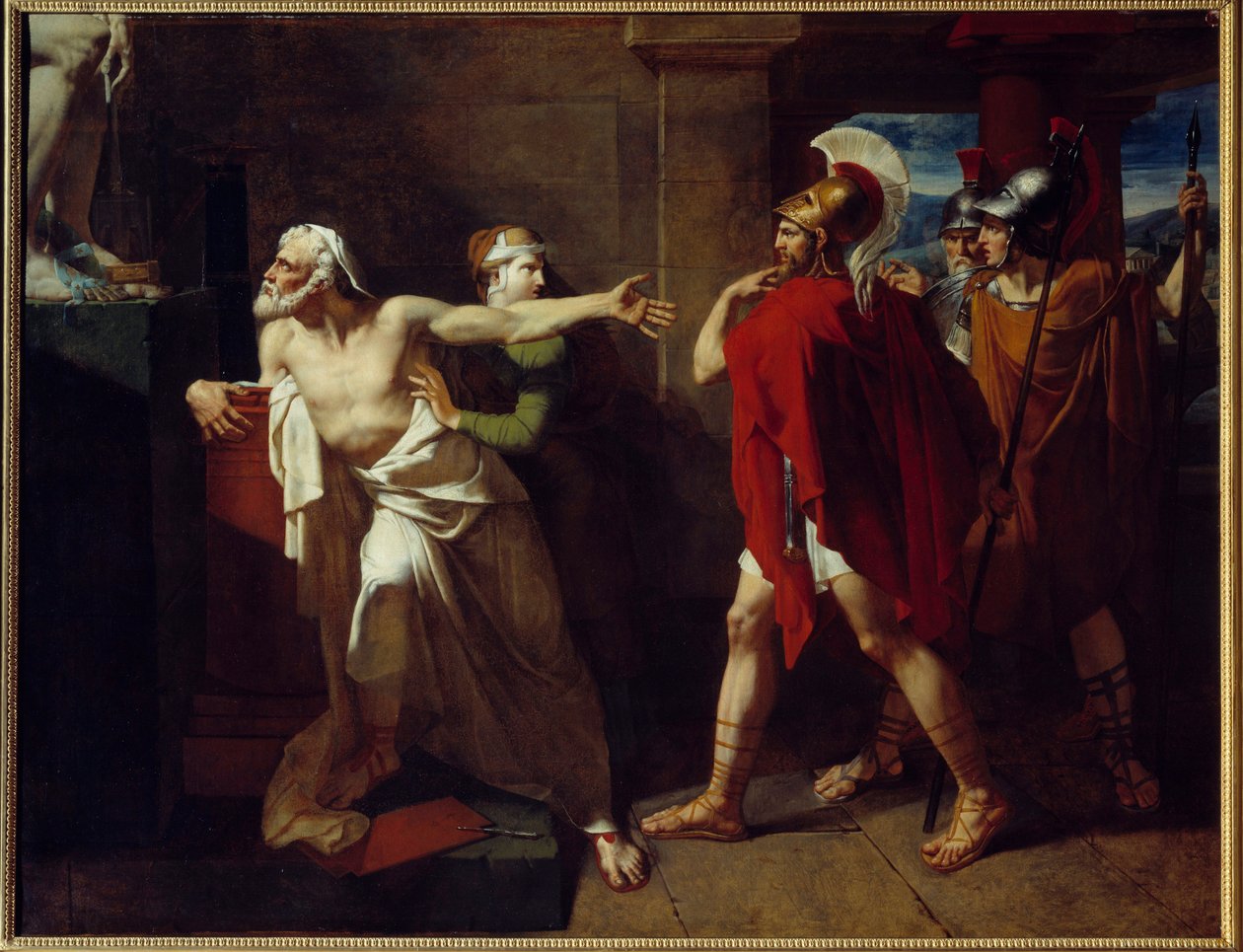 Demosthene athenske politikers død. Tilflugt i templet Poseidon beliggende på øen Calaurie, ud for Argolide, bliver Demostene opsøgt i templet af en denominerede Archias, der ønsker at tiltrække Demostene ud af den hellige indelukke af pro af Felix Boisselier