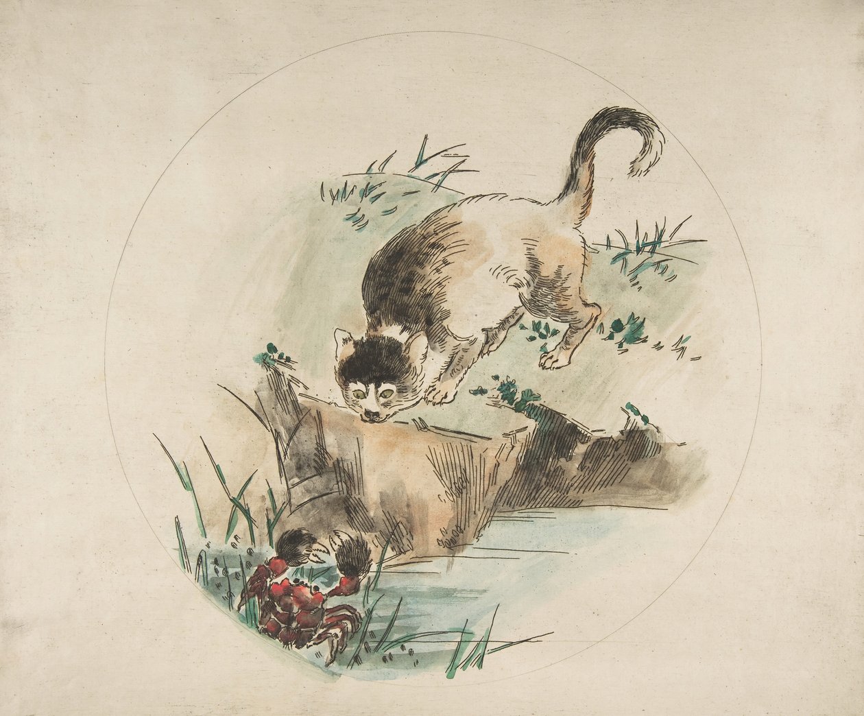 Dekoration til en tallerken: En kat på jagt efter en krabbe, 1850-1914. af Felix Bracquemond
