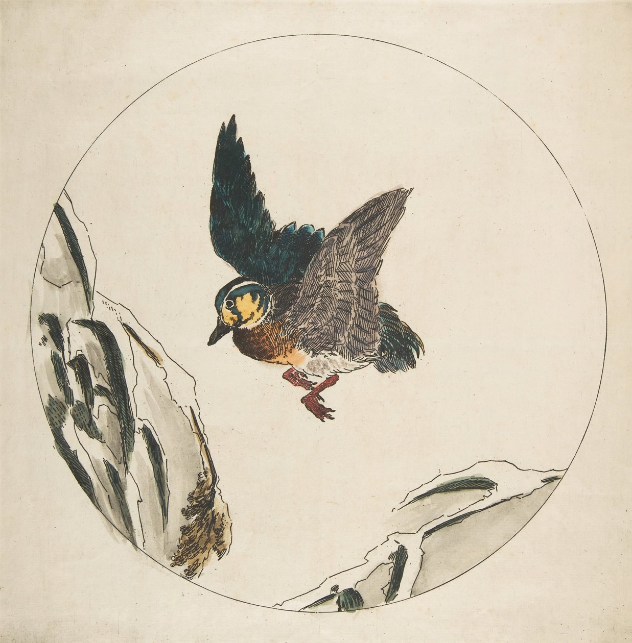 Dekoration til en tallerken: En and, der flyver over snedækkede grene, 1850-1914. af Felix Bracquemond