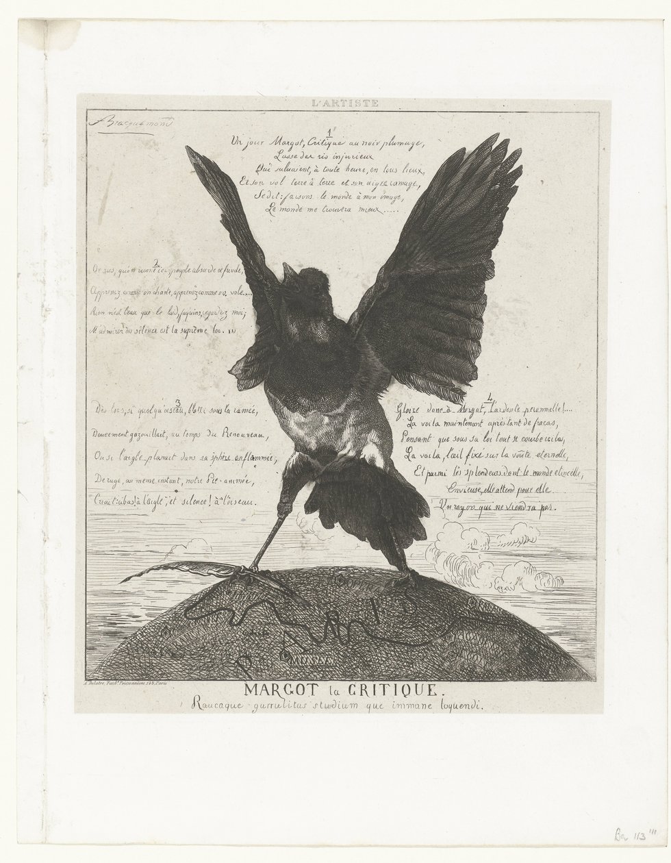Magpie står med udstrakte vinger og fjerpen i pote på en globus med et kort over Paris Margot la Critique (titel på objekt) La Piec af Felix Bracquemond
