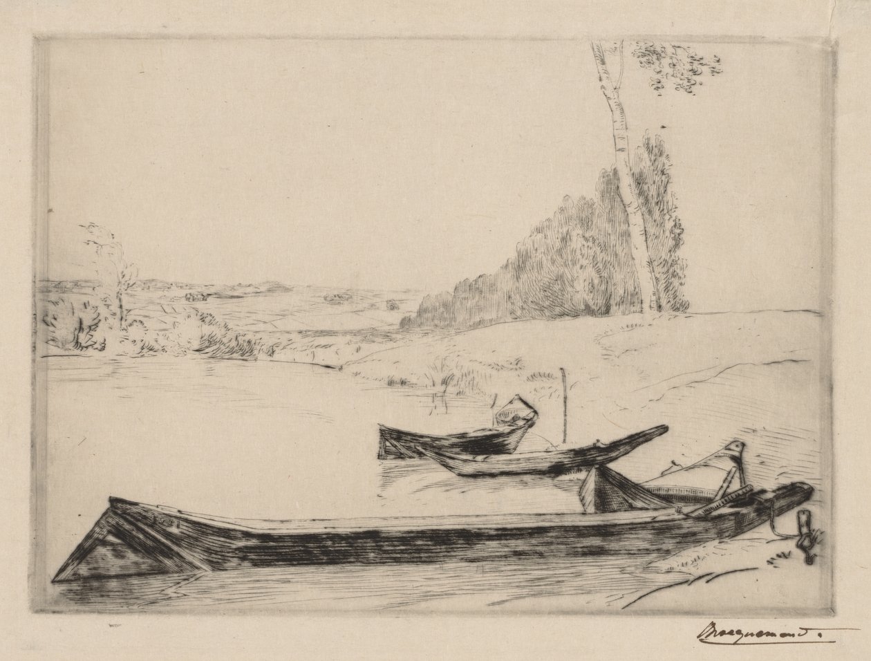 Små færgebåde på bredden af Seinen, ca. 1858. af Felix Bracquemond