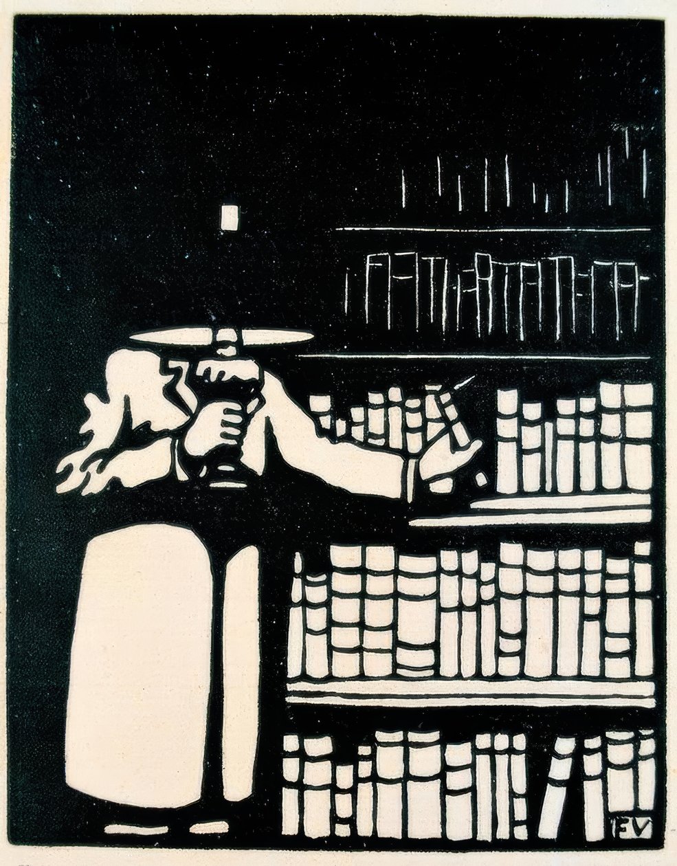 Bogelsker med lampe i sit bibliotek af Felix Edouard Vallotton