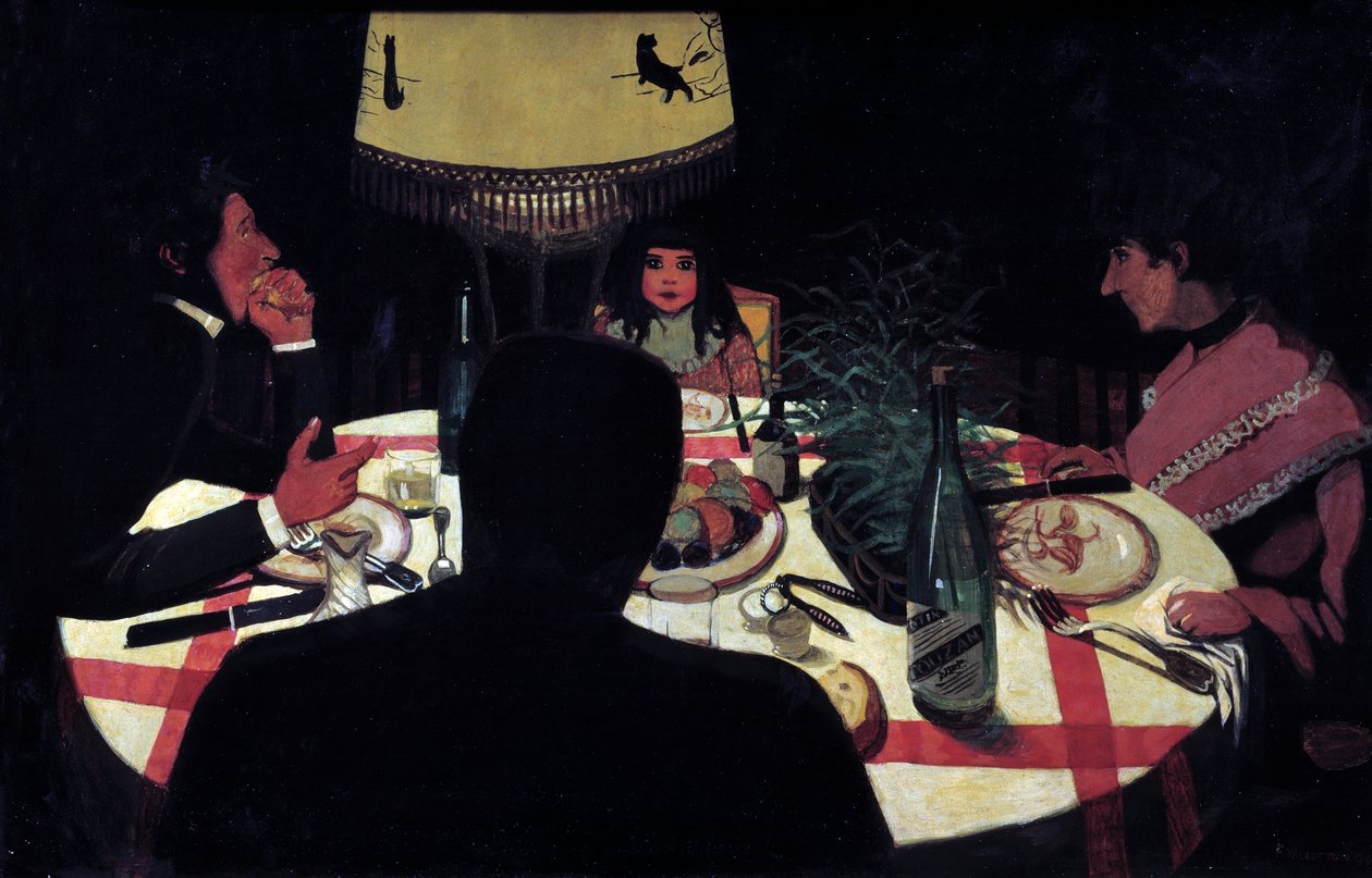 Aftensmad, lampeeffekt. Repræsentation af maleren omgiver hans kone og smukke børn. Maleri af Felix Vallotton (1865-1925) Ec. Følge efter af Felix Edouard Vallotton