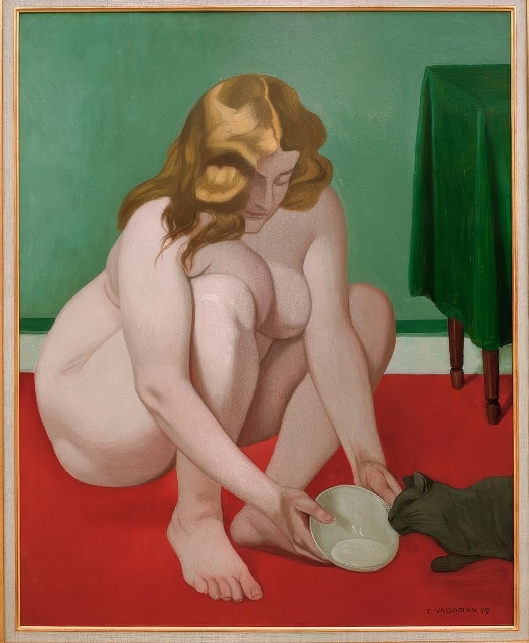 Krøjende kvinde tilbyder mælk til en kat af Felix Edouard Vallotton