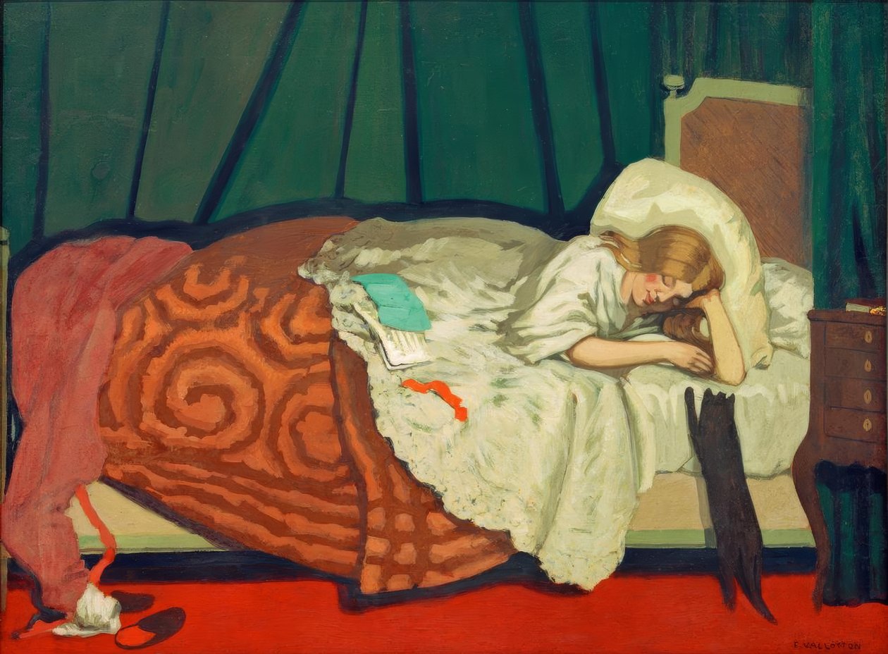 Kvinde liggende og lege med en kat af Felix Edouard Vallotton