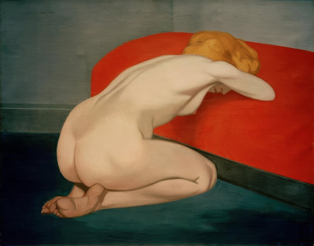 Nøgen kvinde knæler foran en rød sofa af Felix Edouard Vallotton