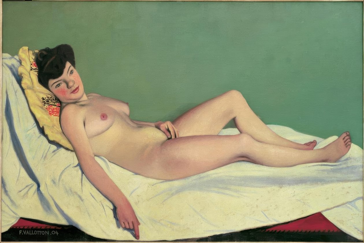 Nøgen kvinde liggende på et hvidt lagen, gul pude af Felix Edouard Vallotton