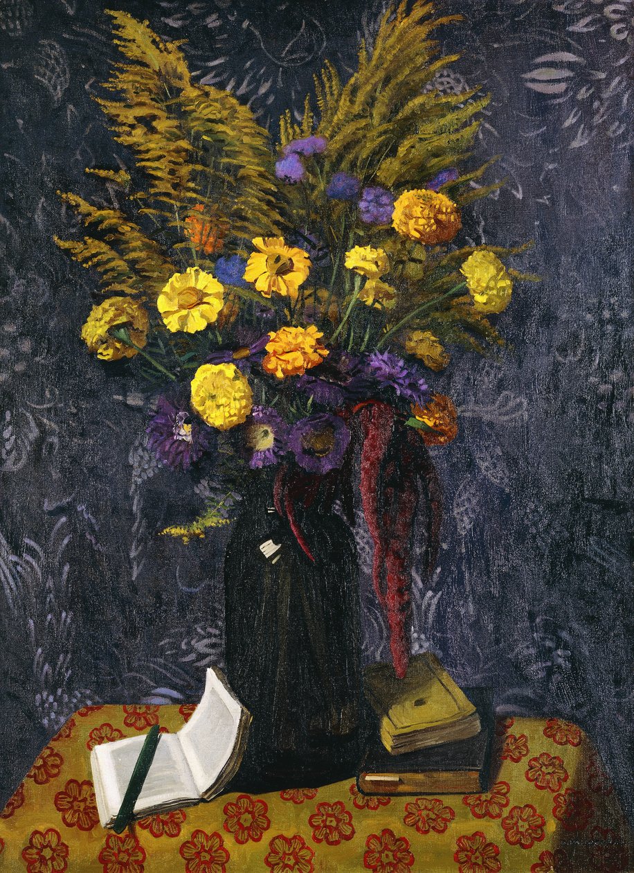 Fransk morgenfrue, lilla tusindfryd og guldskiver; Marigolds, Purple Daisies and Golden Gerbs, 1925 af Felix Edouard Vallotton