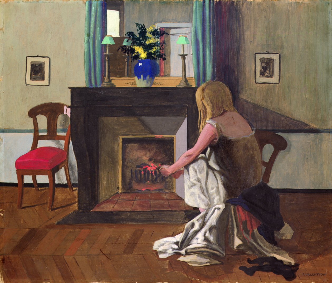 Interiør med kvinde i skjorte af Felix Edouard Vallotton