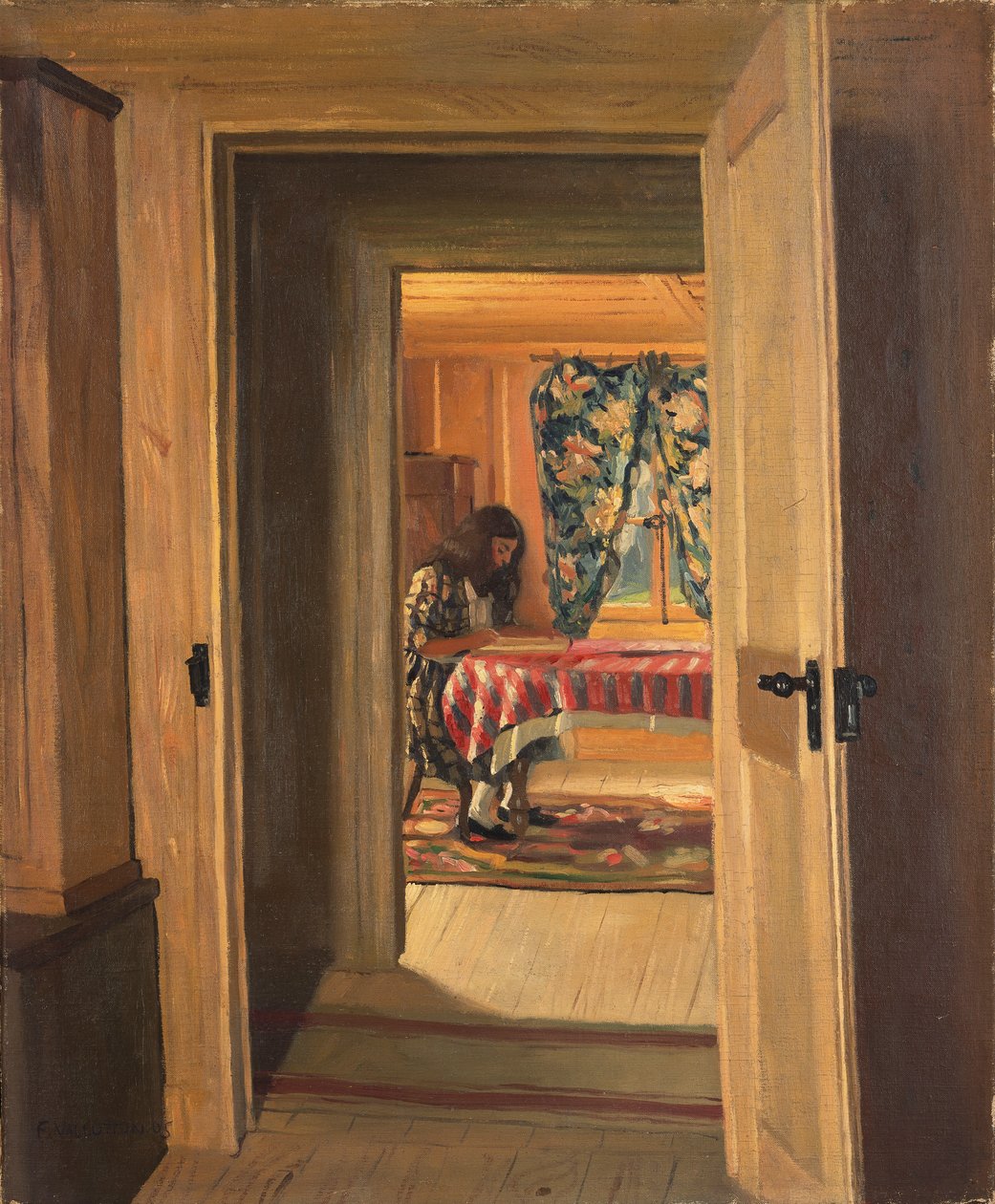 Interiør med en ung pige, der skriver, 1905 af Felix Edouard Vallotton