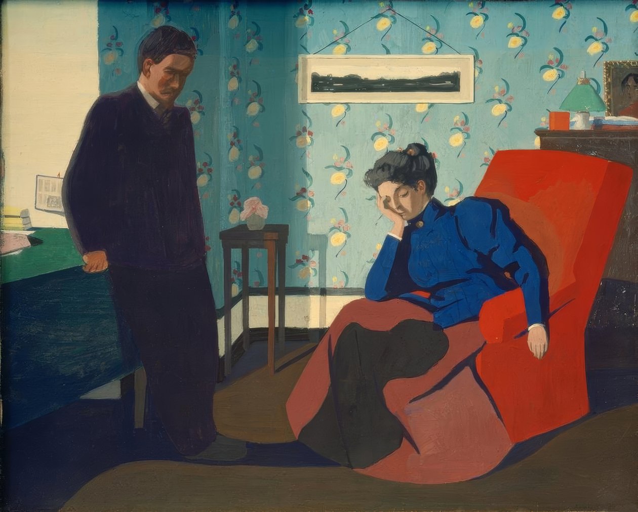 Rød lænestol interiør og figurer af Felix Edouard Vallotton