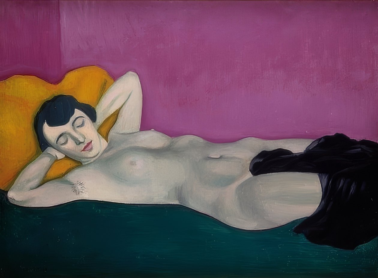 Kvinde liggende foran en violet baggrund. 1924 af Felix Edouard Vallotton