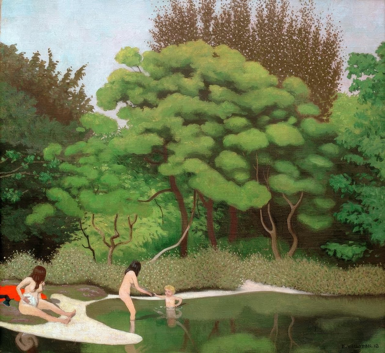 Solrigt underskovslandskab med to kvinder og et barn af Felix Edouard Vallotton