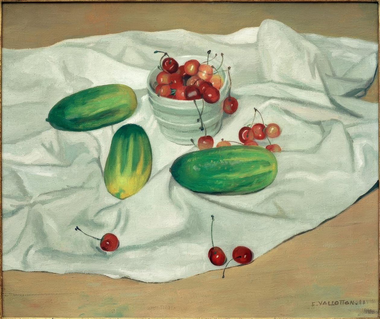 Tre agurker og en blac vase indeholdende kirsebær af Felix Edouard Vallotton
