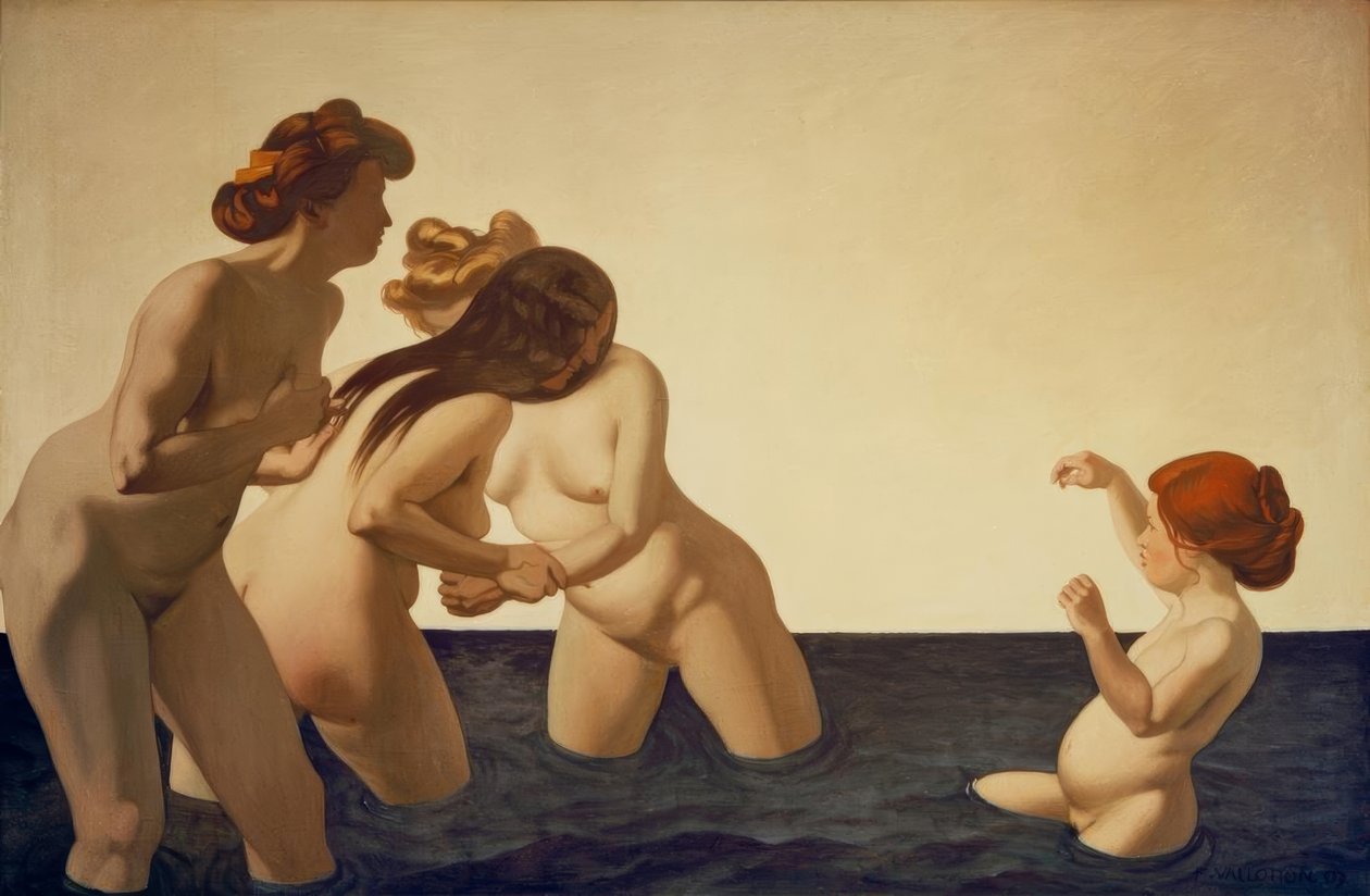 Tre kvinder og en lille pige leger i vandet af Felix Edouard Vallotton