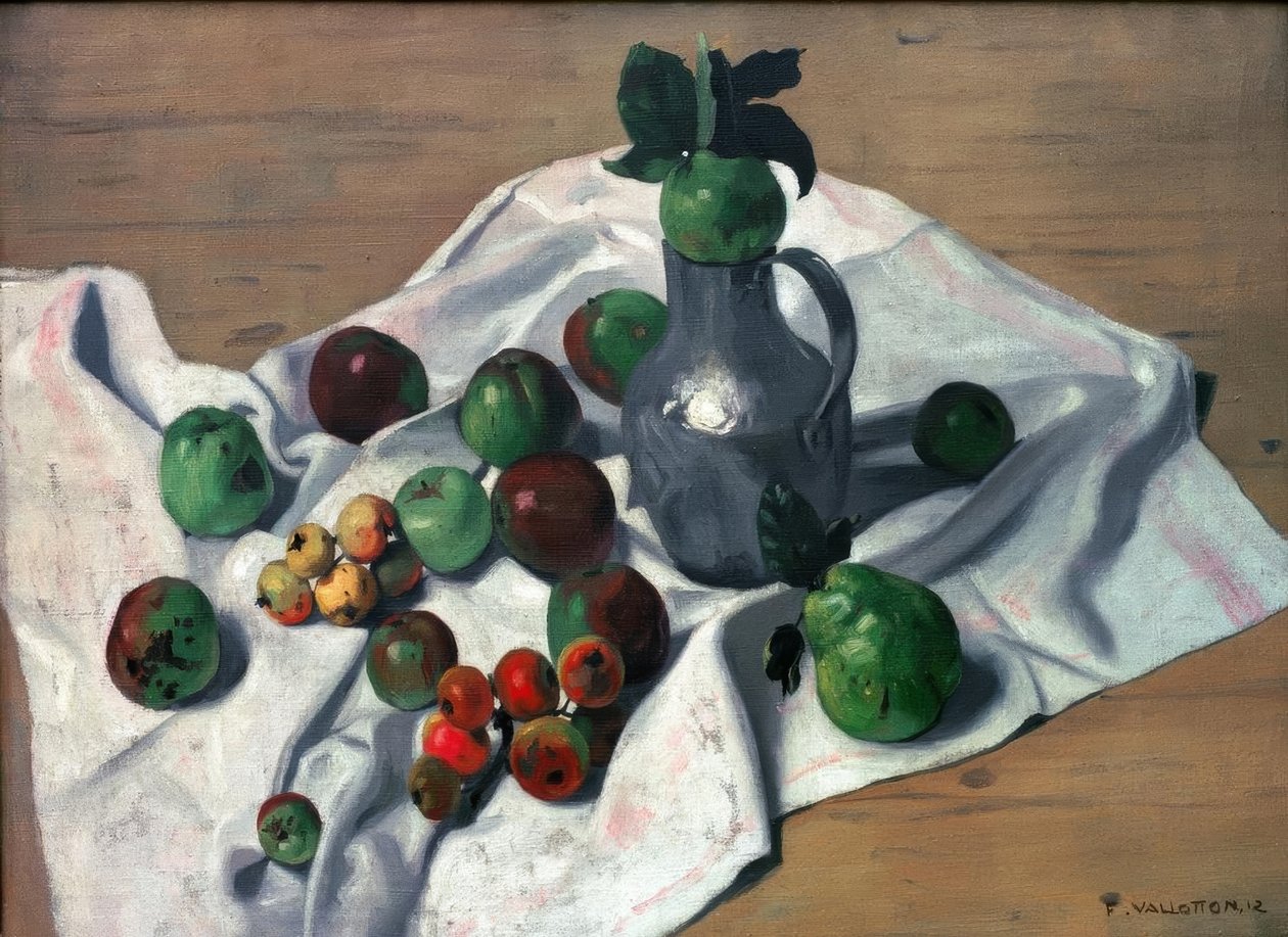 En dåse varmt vandflaske, æbler og to kvæder af Felix Edouard Vallotton
