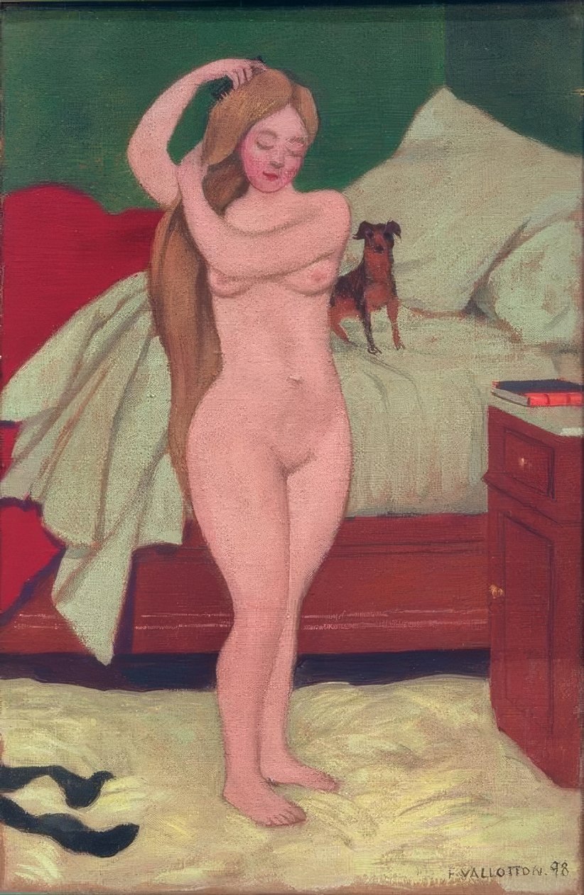 Kvinde nøgen, kæmning, interiør af Felix Edouard Vallotton