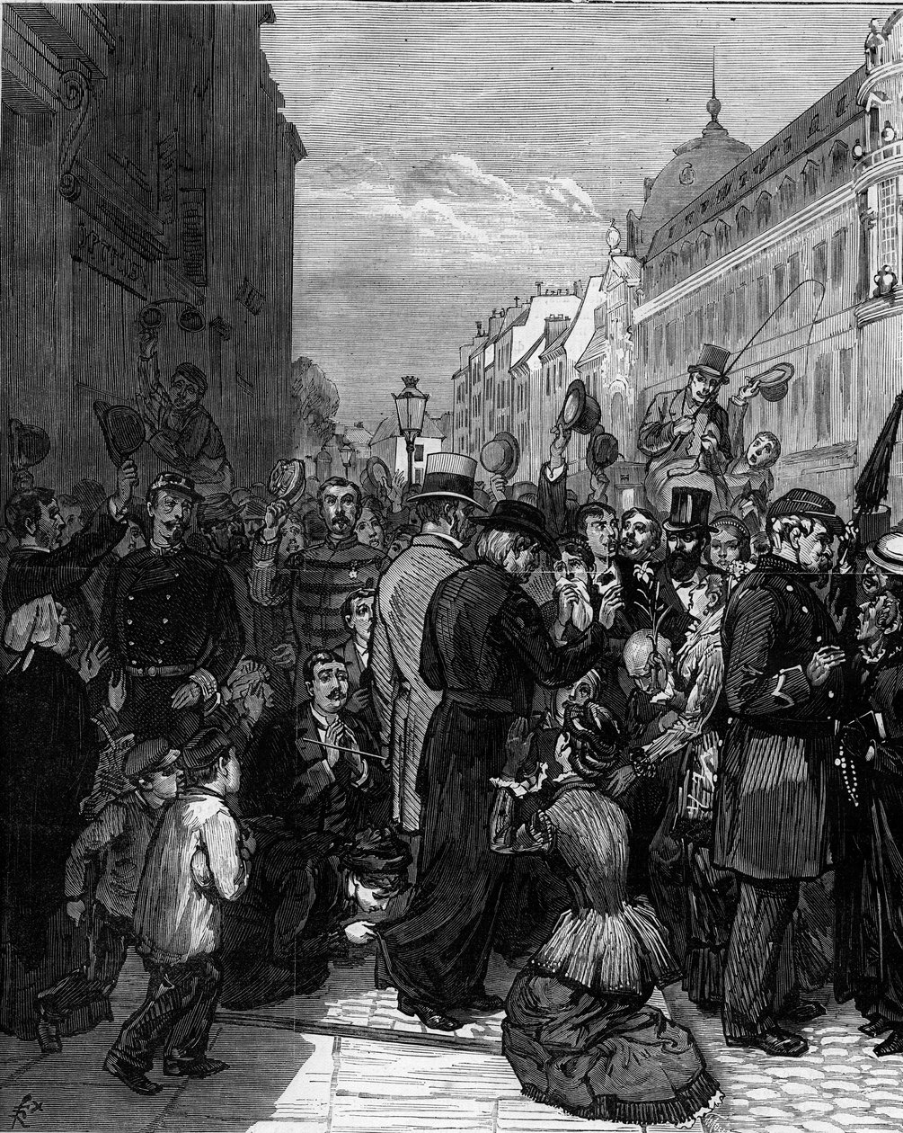 Deportation af jesuiterne fra Rue de Sevres i Paris efter dekreterne fra marts 1880 udstedt af Jules Ferry og fjernelse af retten til at undervise medlemmer af uautoriserede religiøse menigheder: den parisiske befolkning viser solidaritet med udsættelsen af Felix Elie Regamey
