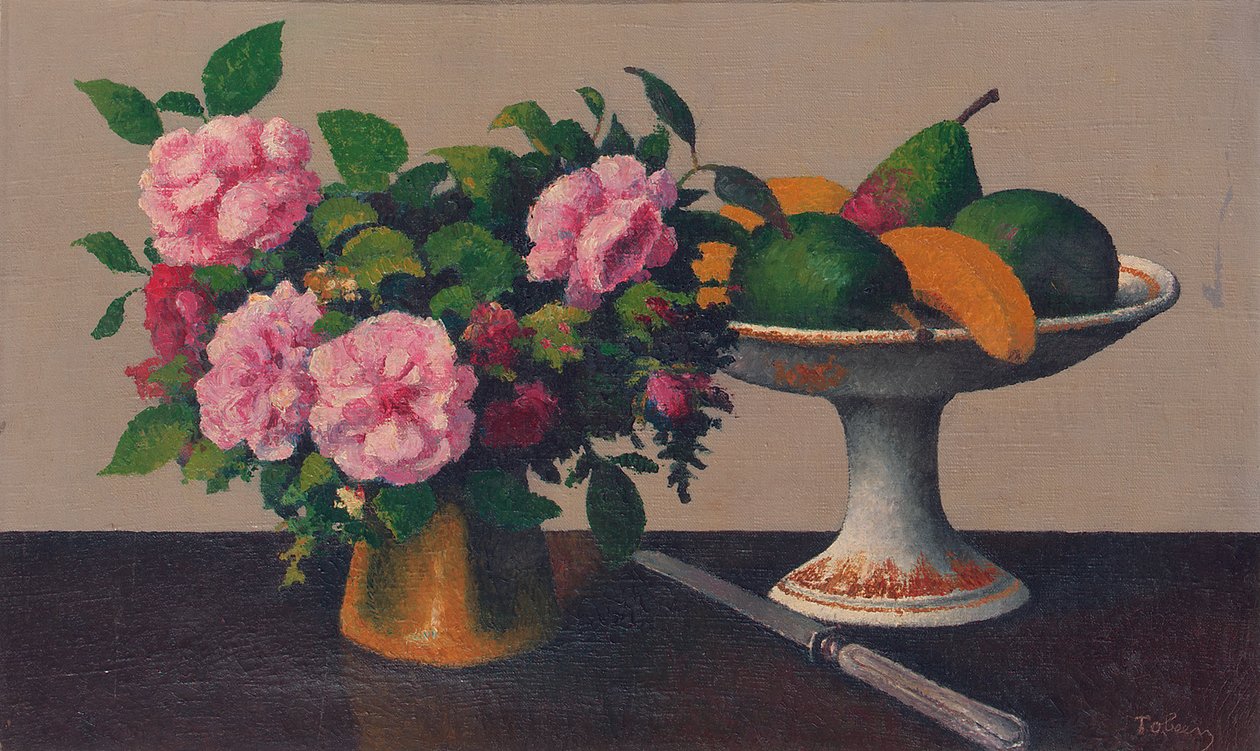 Stilleben med blomster og frugt (olie på lærred) af Felix Elie Tobeen