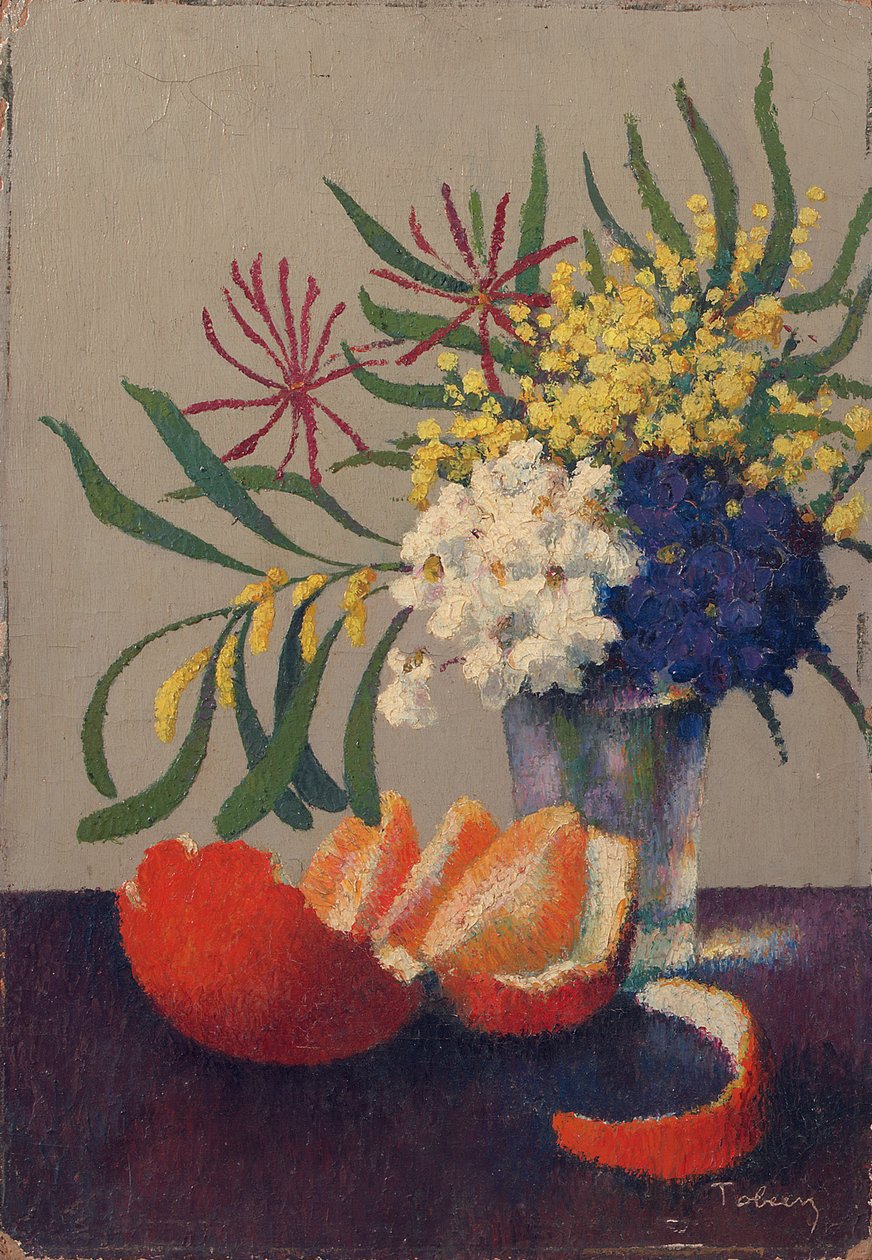 Stilleben med blomster og en appelsin (olie på pap) af Felix Elie Tobeen
