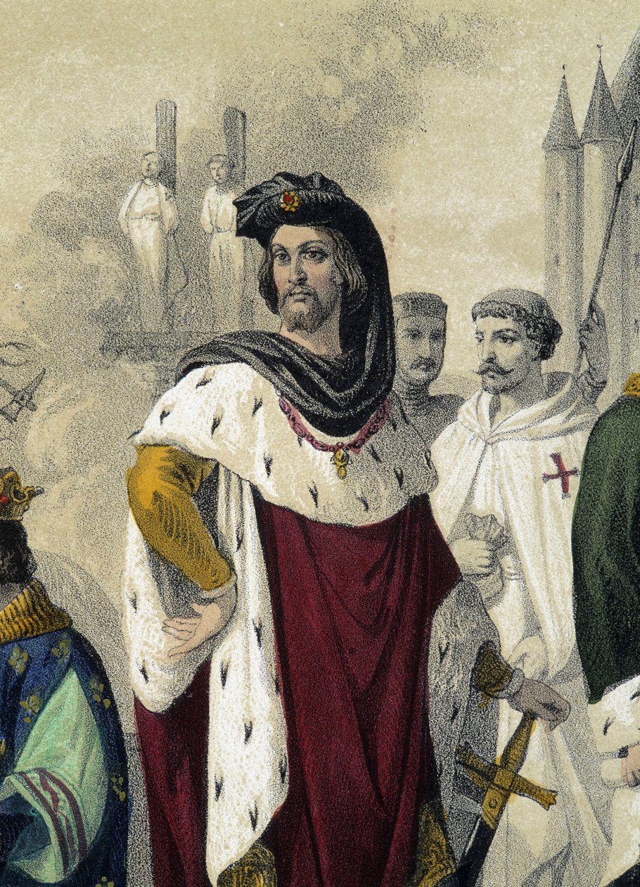 Capétiens 1270 - 1322: Philippe IV le bel og Jacques de Molay (Molai) - i "La Monarchie francaise en estampe", tegning af Monsieur Fossey af Felix Fossey