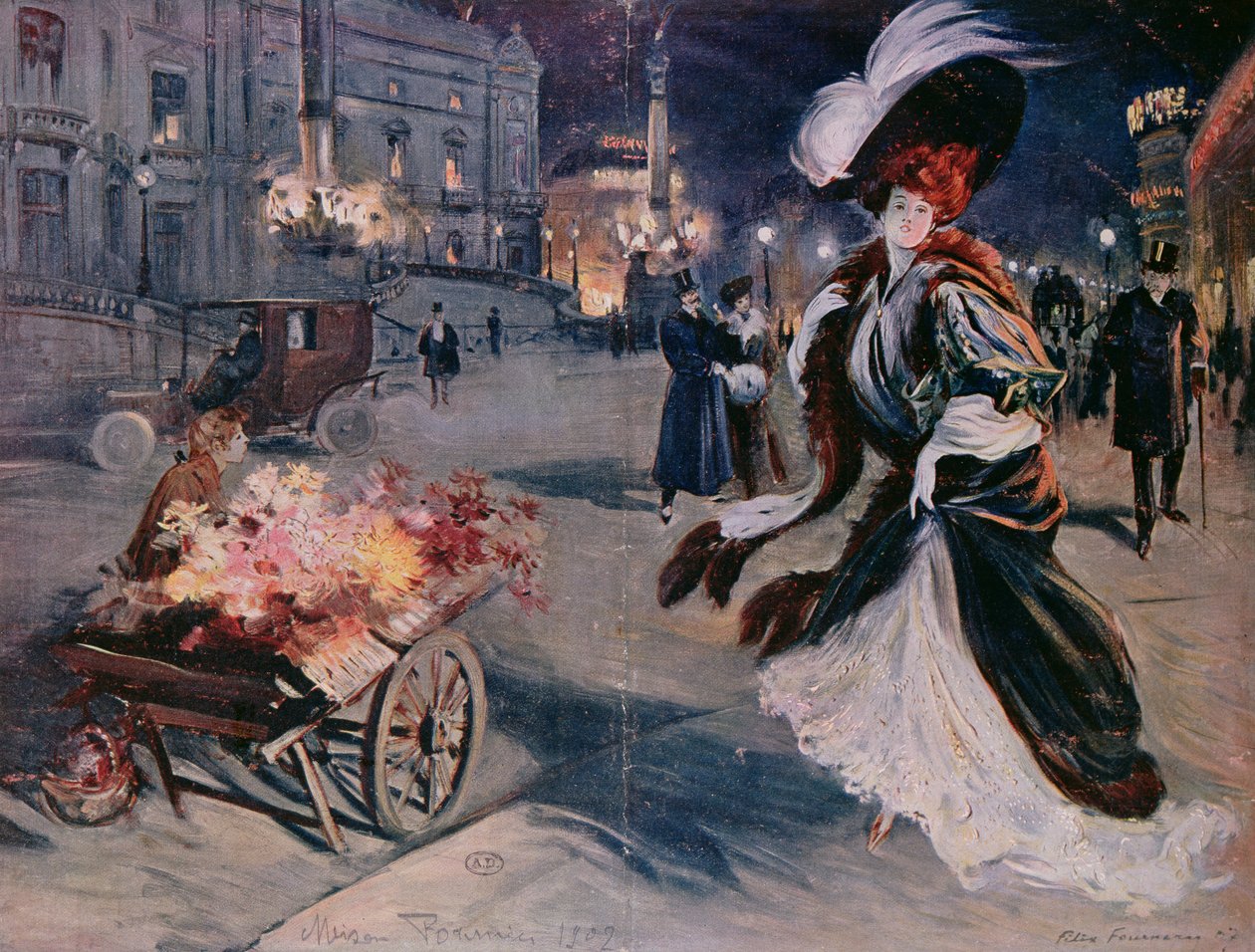 Paris om natten i Operakvarteret, 1907 af Felix Fournery
