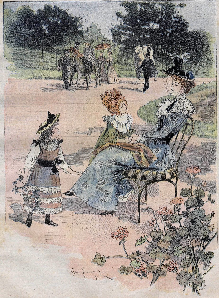 Børnevandringen til akklimatiseringshaven i Paris i 1892. Gravering af founery aquerelle. af Felix Fournery