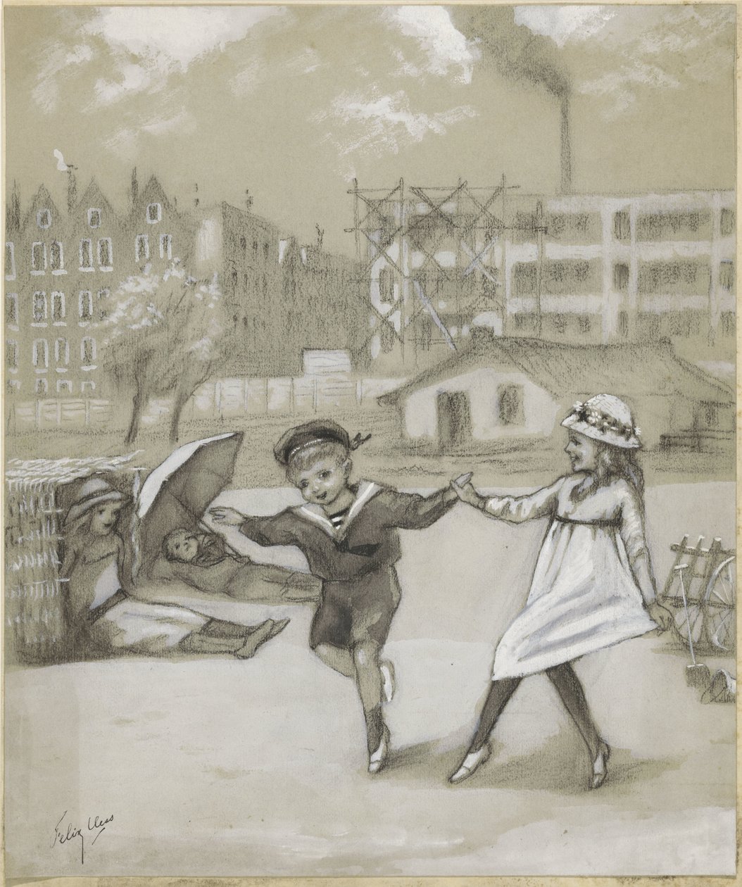 Dansende dreng og pige i en bypark eller legeplads af Felix Hess (signed by artist)