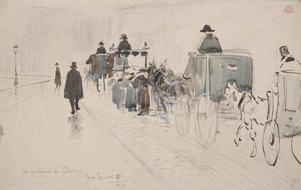 Au Boulevard de Clichy (blyant og akvarel på papir) af Felix Hilaire Buhot