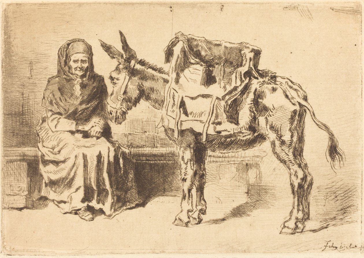 Cacoletière Assise (Siddende kvinde og røv) af Felix Hilaire Buhot