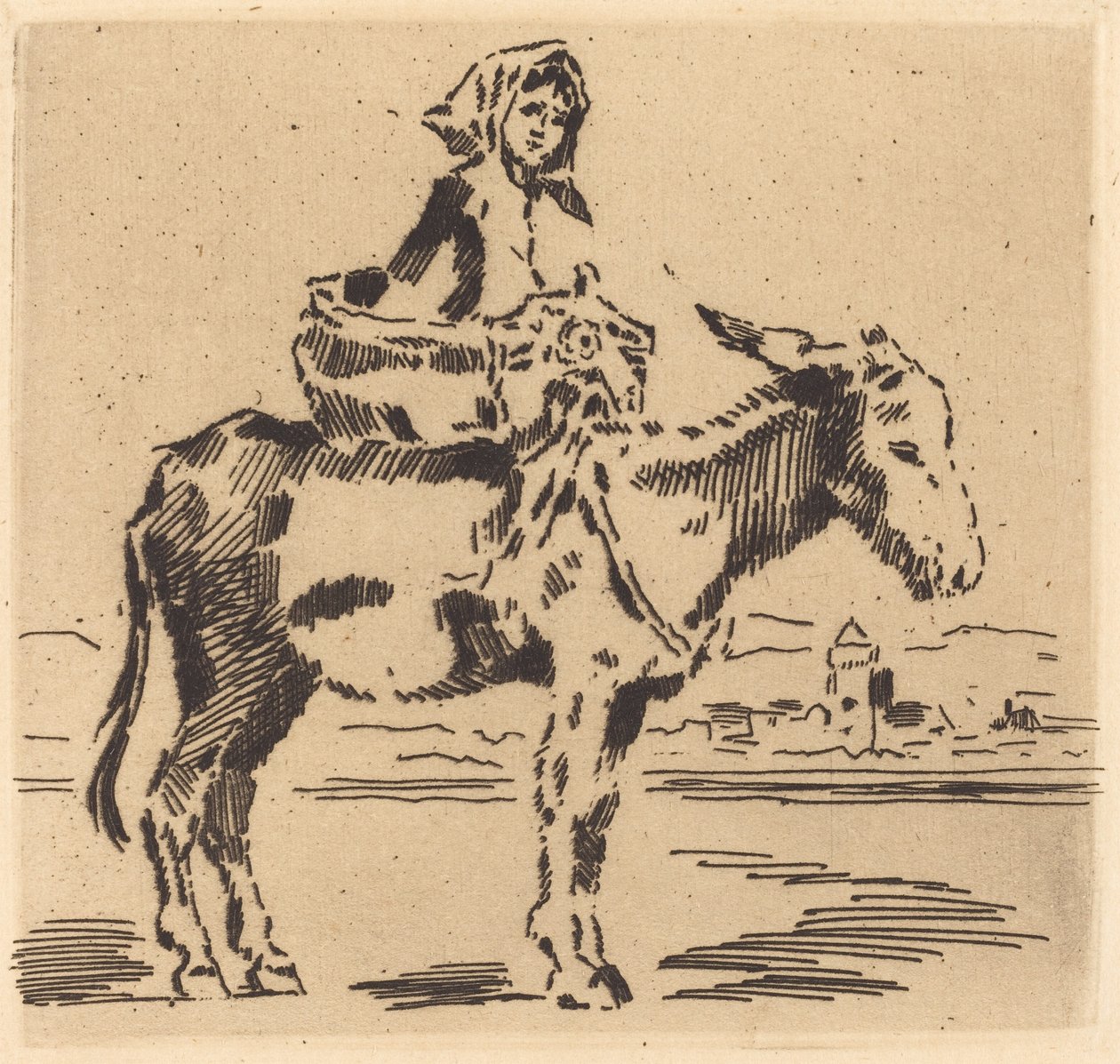 Cacoletière à la Tour (Kvinde rider på en røv nær et tårn) af Felix Hilaire Buhot