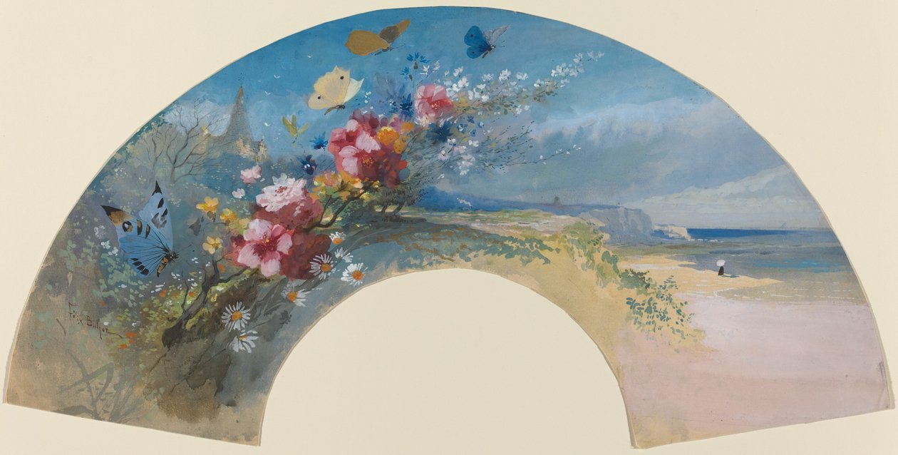 Fan med vilde blomster og sommerfugle mod Norman Coast, ca. 1875. af Felix Hilaire Buhot