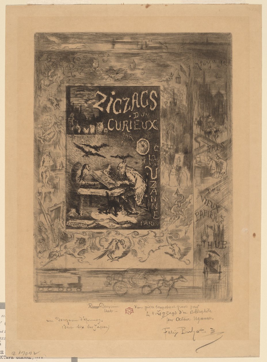 Frontispice til "Zigzags of a Curious, af Octave Uzanne" af Felix Hilaire Buhot