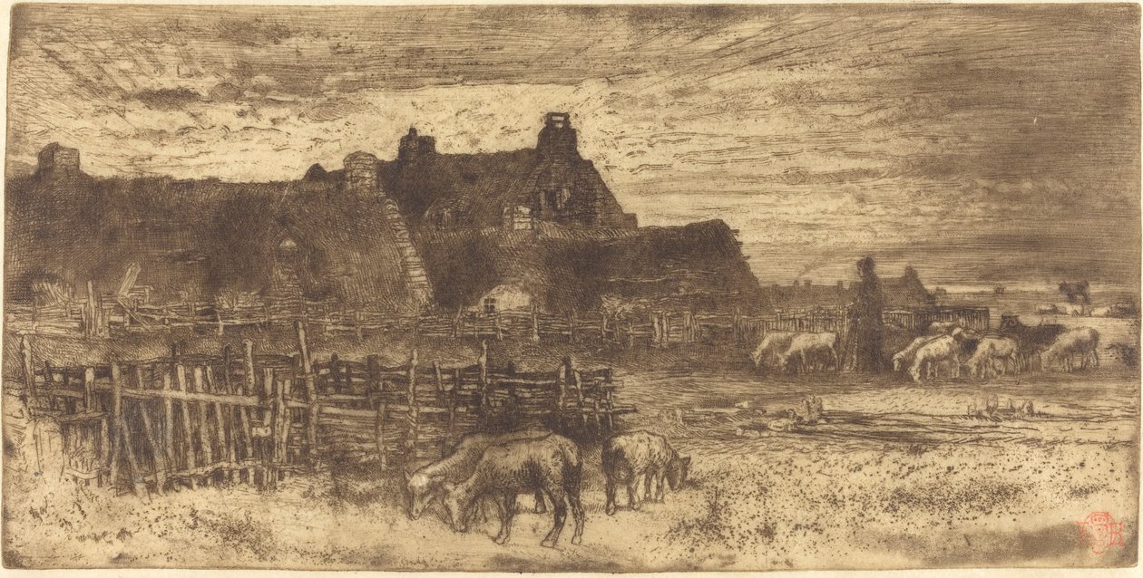 Les Bergeries, Soleil Couchant (pastoral scene, solnedgang) af Felix Hilaire Buhot