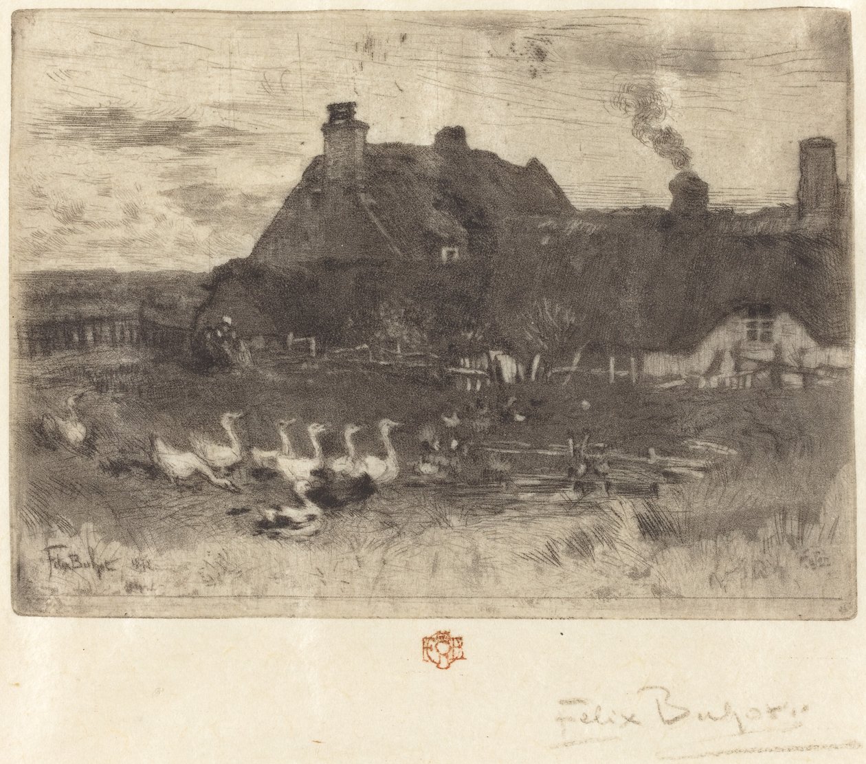 Les Petites Chaumières stråtækte hytter--lille tallerken, 1878. af Felix Hilaire Buhot