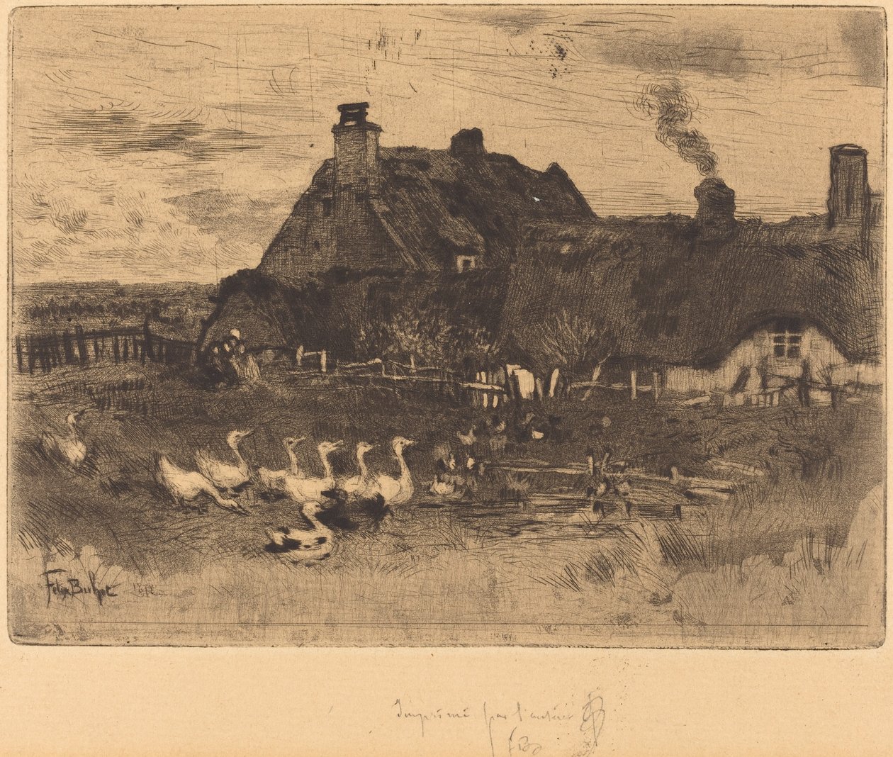 Les Petites Chaumières stråtækte hytter--lille tallerken, 1878. af Felix Hilaire Buhot