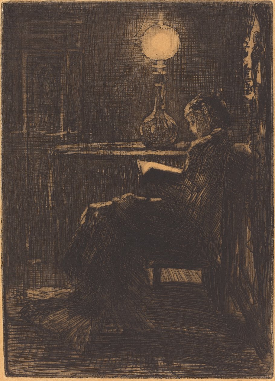 Lampelæser (Woman Reading by Lamplight) af Felix Hilaire Buhot