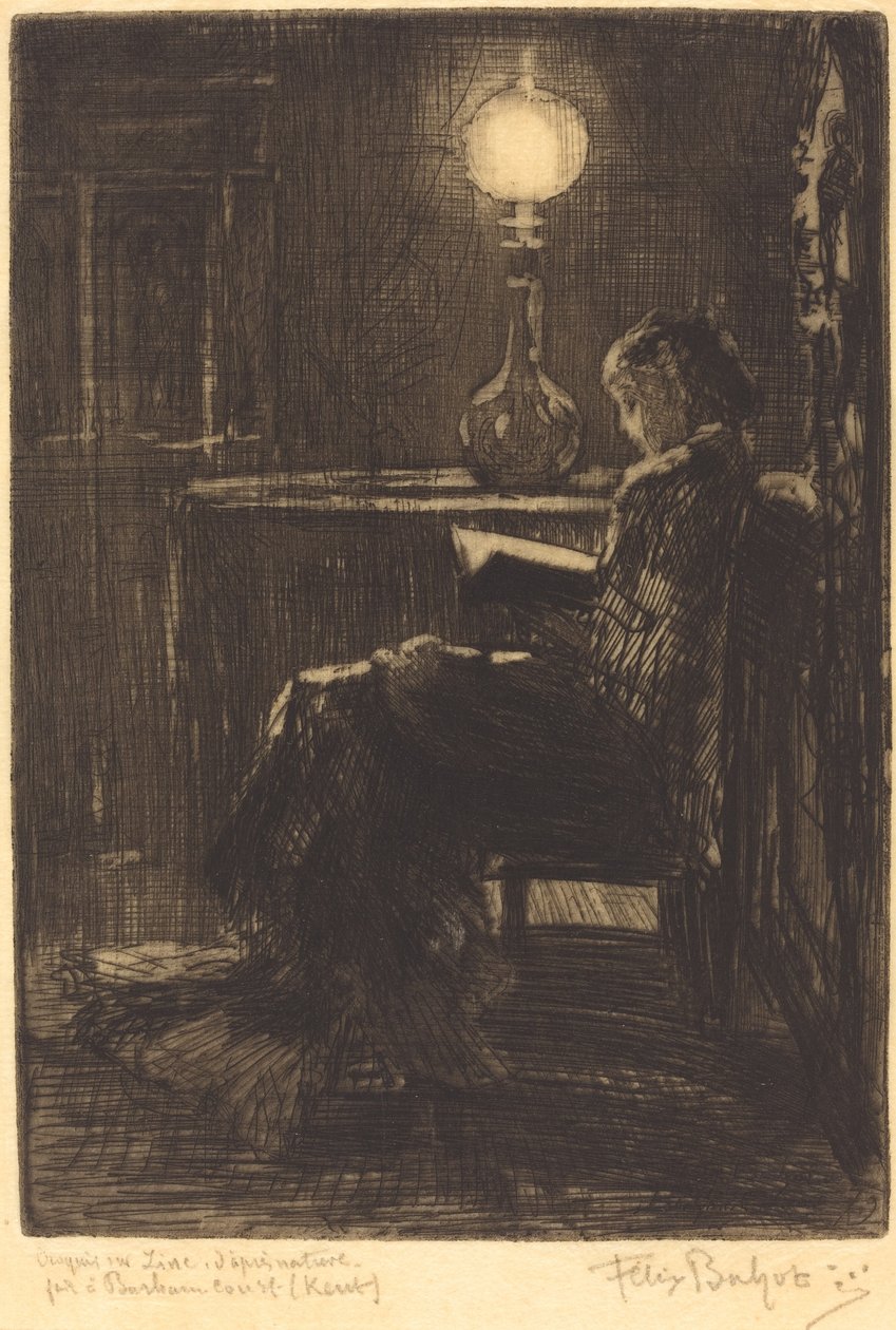 Lampelæser (Woman Reading by Lamplight) af Felix Hilaire Buhot