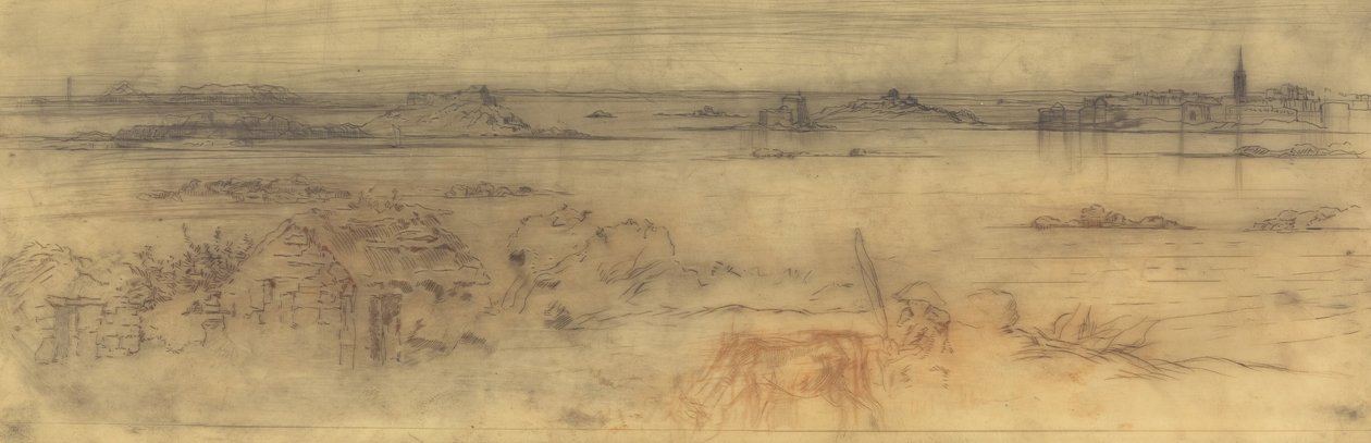 Havlandskab med en befæstet by til højre, øer til venstre og et sommerhus i forgrunden, c1882. af Felix Hilaire Buhot