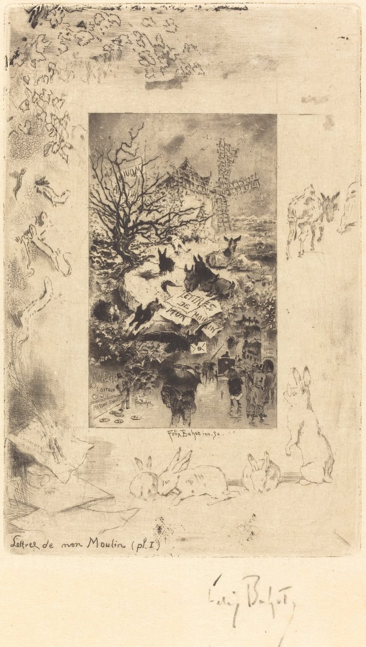 Titelblad for breve fra min mølle, ca. 1885. af Felix Hilaire Buhot