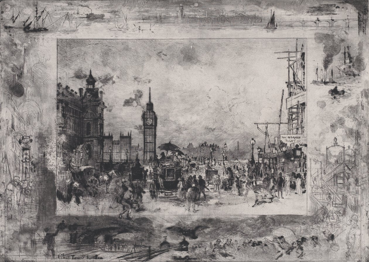 Westminster Bridge eller Westminster Clock Tower, 1860-98. af Felix Hilaire Buhot