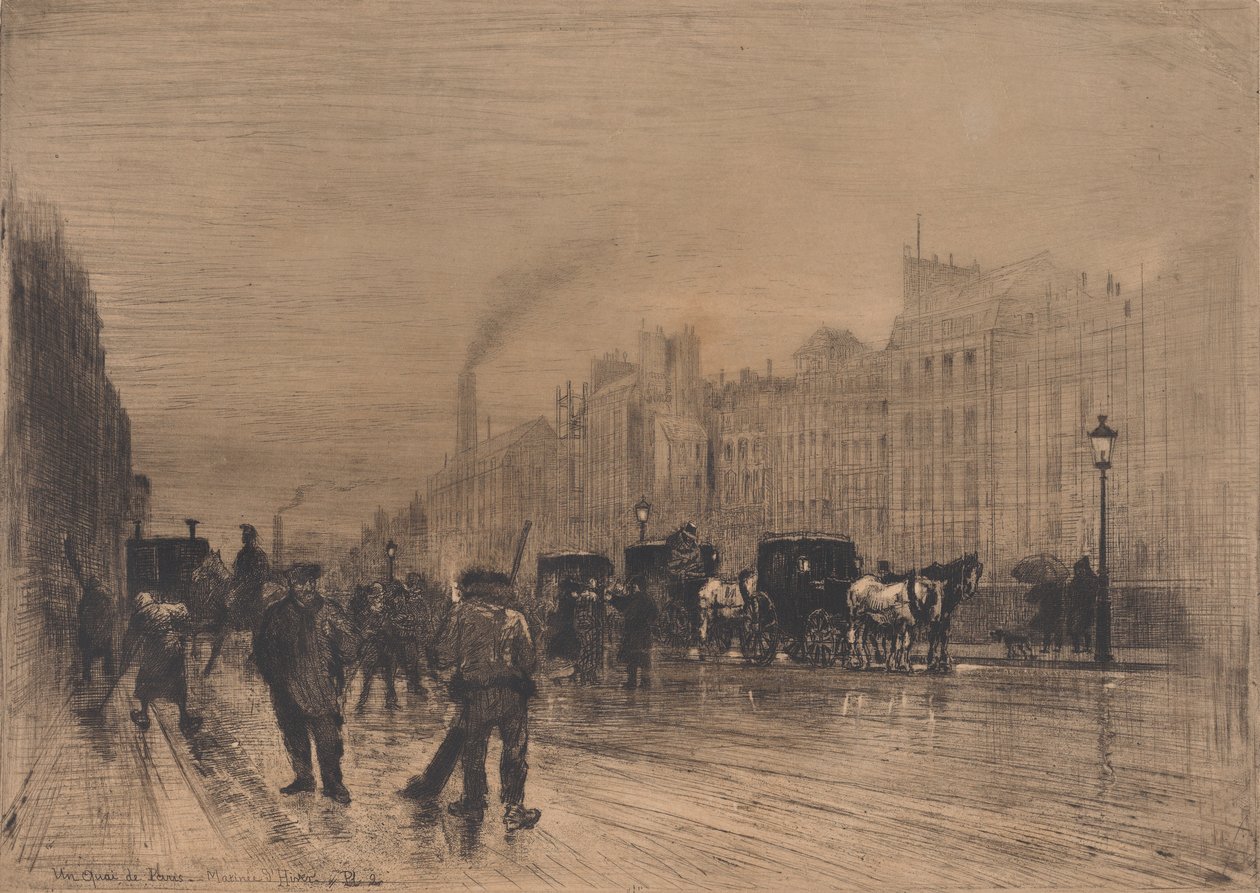 Vintermorgen på kajen, Paris, 1883. af Felix Hilaire Buhot