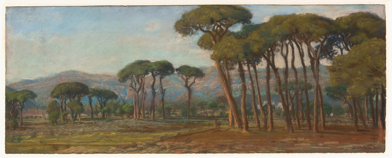 Omfattende landskab med en landsby og bjergskråning i det fjerne af Felix Hippolyte Lanoue