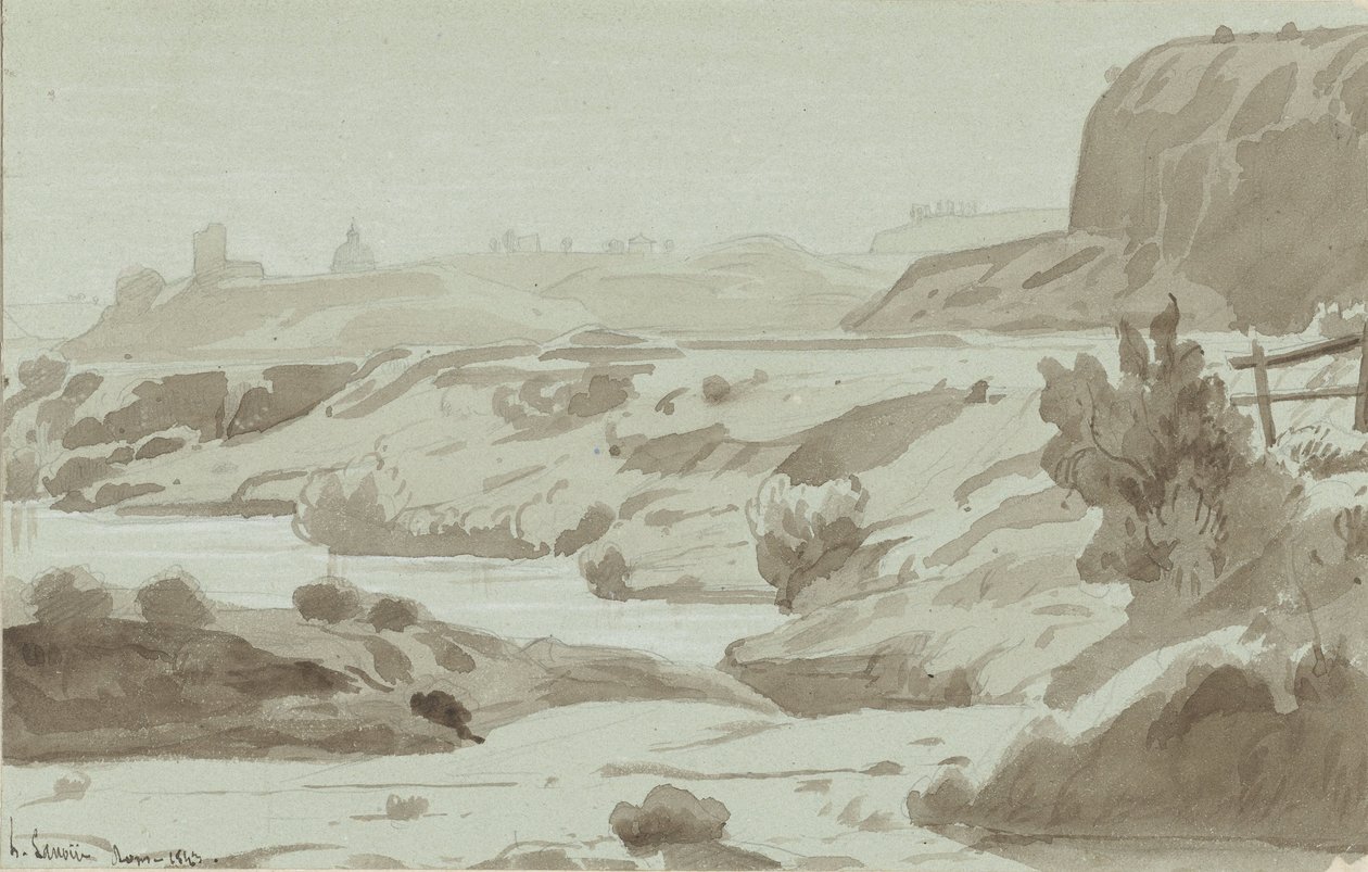 Udsigt i den romerske Campagna med en flod i forgrunden af Felix Hippolyte Lanoue