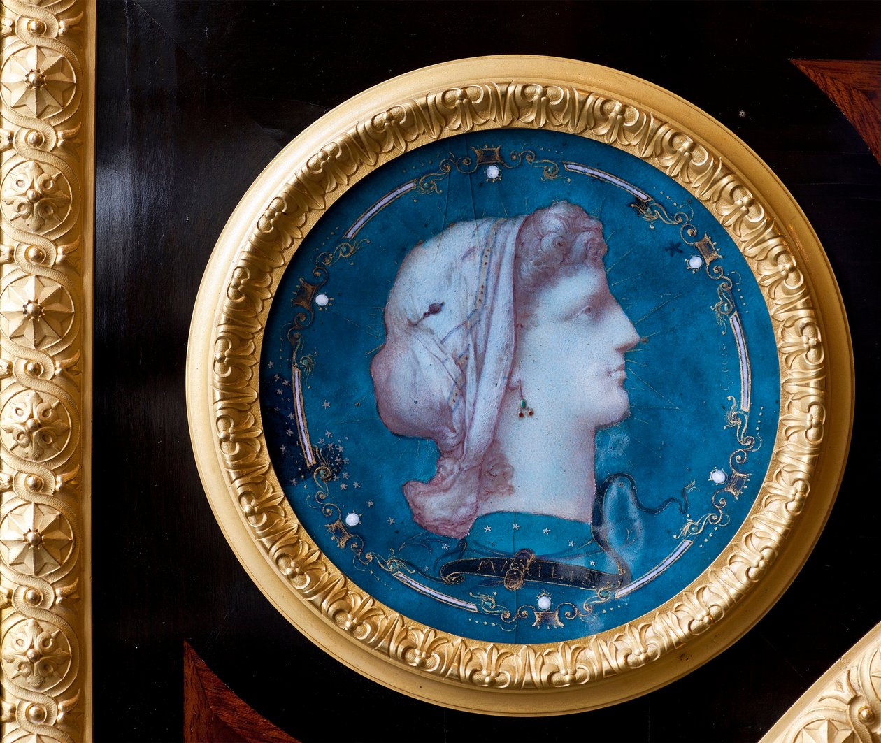 Detalje af et møbel dekorerer Brignole Sale-familiens våbenskjold af ebenisten Guillaume Grohe (1808-1885) efter en tegning af Felix Duban (1798-1870). Lejligheder af Maria Brignole Sale De Ferrari, hertuginde af Galliera (1811-1888), furn af Felix Louis Jacques Duban
