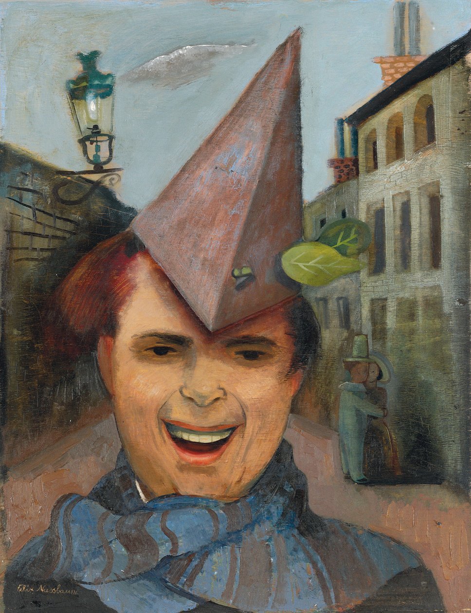 Selvportræt med en papirhat og blåt tørklæde, ca. 1936 (olie på krydsfiner) af Felix Nussbaum