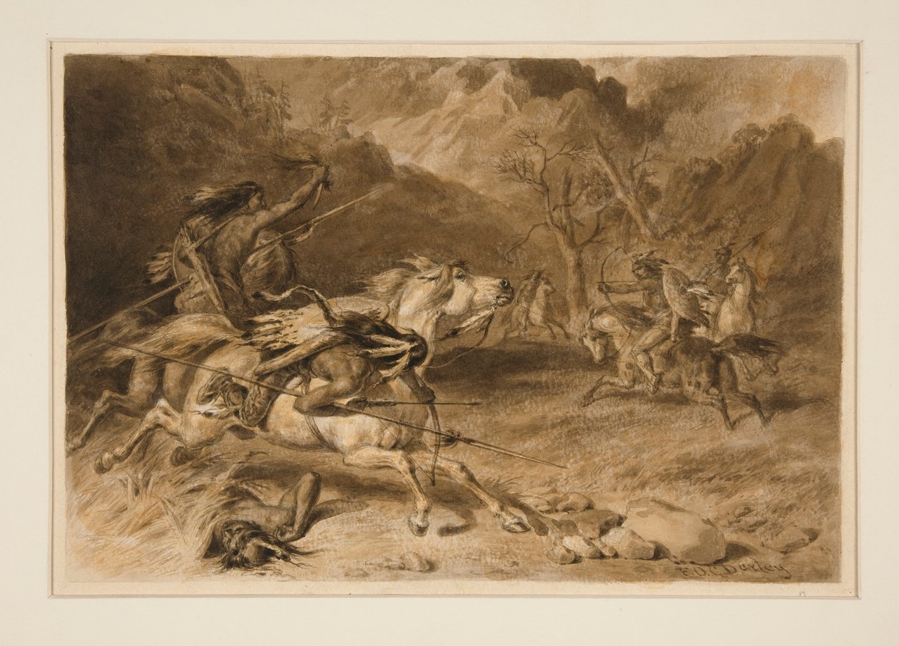 Tegning til The Encounter (Indisk kamp på hesteryg) af Felix O. C. Darley
