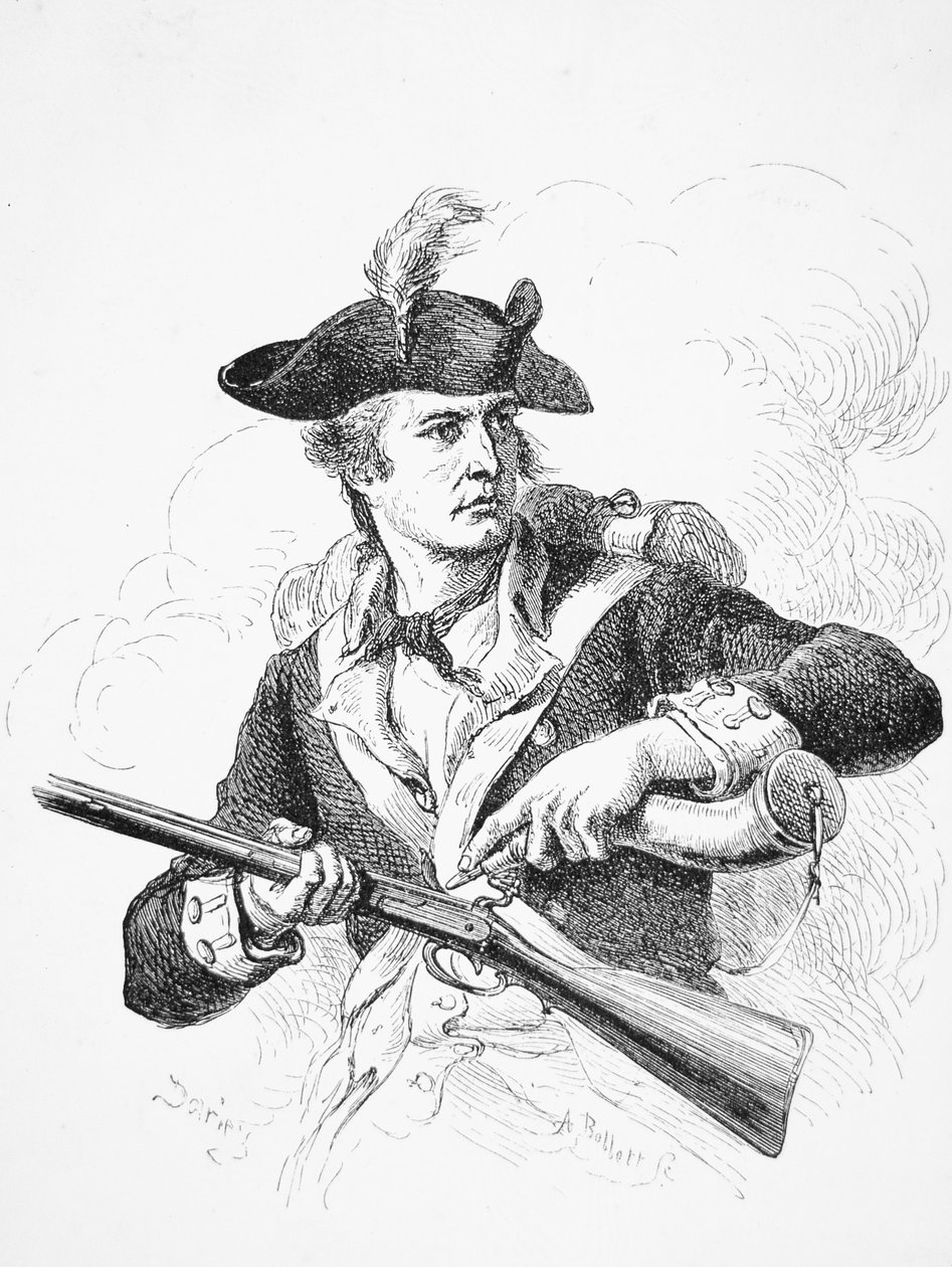 En amerikansk soldat brugte under uafhængighedskrigen sit pulverhorn til at prime panden på sin flintlåsmusket, indgraveret af A. Bollett (gravering) af Felix Octavius Carr (after) Darley