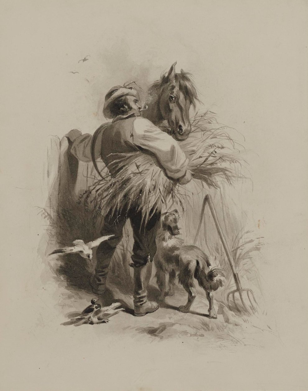 Bonde med hest, hund og duer af Felix Octavius Carr Darley